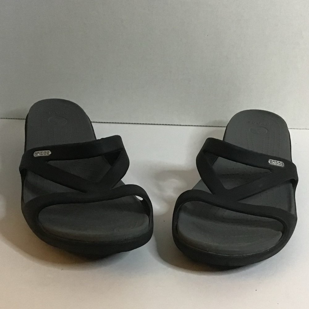 Crocs black/gray slip on sandals. 11